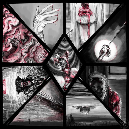 a square containing vignettes, the many terrors that Binkle the Goblin Jester has had to endure