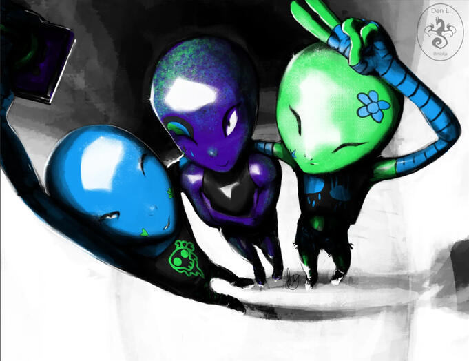 three alt/goth aliens get in close with each other for a selfie. they're shiny and smooth, and their semi-translucent skin sparkles in the lights.
