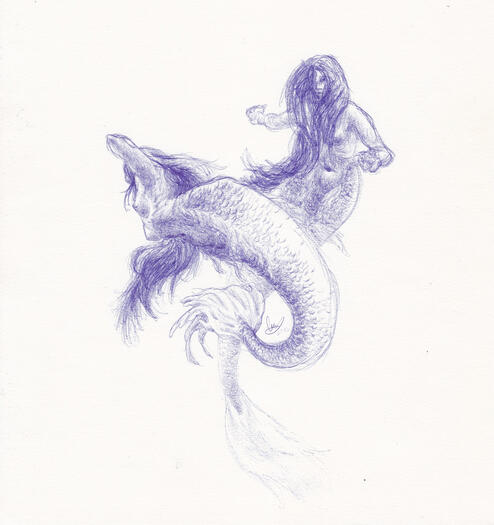 blue pen on paper illustration of two mermaids in motion