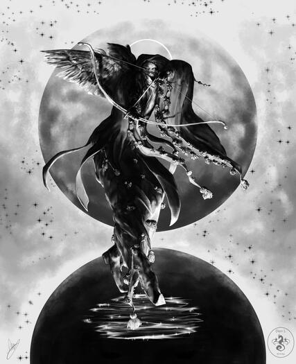 a god-king, with halo and mourning dove wings, takes aim with a bow and arrow, suspended in space above a circular glittering pool. his tasseled robes wind and flow about him, and behind are twin suns; behind those are black stars.
