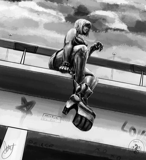 a woman sits on an overhang, dangling large platform boots. she wears alt clothing and wristbands. she makes a clawing kitty gesture with her left hand. above are large clouds, and below are various tags written and drawn onto the structure; a star, a stic