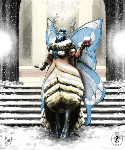 a humanoid equine fairy lady holds out a glass of wine in invitation to you on a brightly lit snowy evening; the grand ballroom behind her, with ornate chandelier and huge red carpet, is open and inviting.