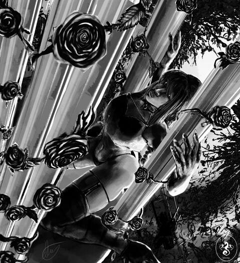 maebe, an alternatively clothed woman, hangs in an ornate, rose-adorned cage above an abandoned graveyard, overrun with vines and gnarly trees. a decrepit fence stands guard. eyes shine eerily from behind bangs as she pierces you with her gaze.