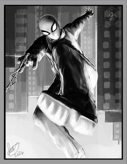 spider-man, upside-down, webs his way through the city! he's wearing his Last Stand suit