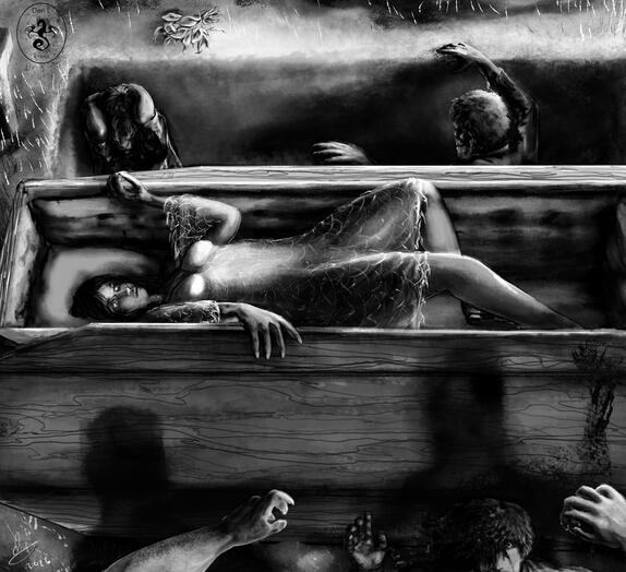the funeral service for a recently deceased woman has been interrupted, the attendees actively being attacked, and some already turned into the walking dead. the young woman in the coffin begins to rise.