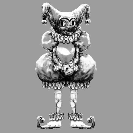 binkle, a goblin jester, stands politely with his hands clasped. his outfit is, of course, ridiculous