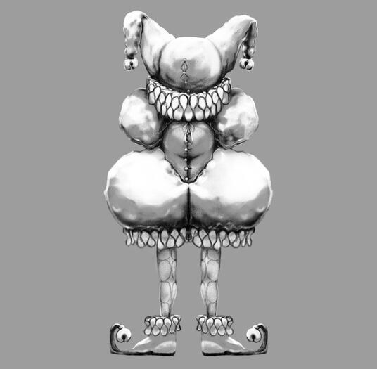binkle, a goblin jester, stands politely with his back to you. his outfit is, of course, ridiculous, and now you can see it buttons up and ties in the back
