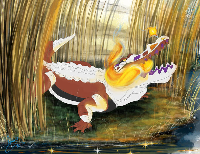 colorful illustration of skeledirge at the water's edge in front of some sandy dunes, surrounded by tall pampas grass. he looks very majestic and fiery!