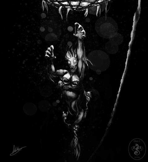 a deep sea mermaid crone, interrupted while feeding her tadpoles, frantically reaches toward a net full of younger merfolk, while her brood follows and clings to her. a rope for an anchor fades into the darkness below.