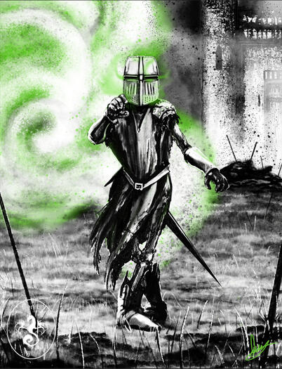 a partially emaciated, partially skeletal knight reaches out toward you across a battlefield. a castle stands in the background, a pile of corpses and weapons burn before it. sickness and putrescence spew forth from the knight.