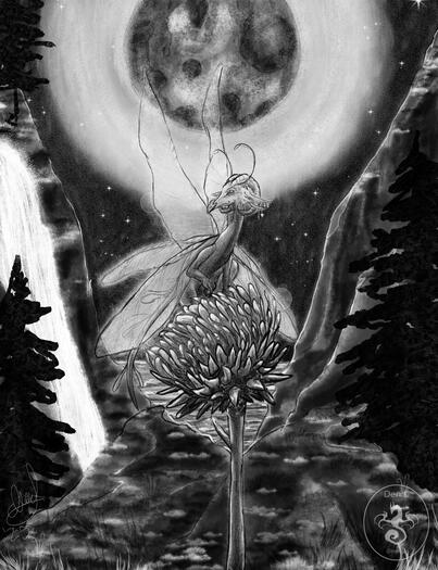 a monochromatic scene framed by steep mountainsides, a waterfall down the left one, and fir trees scattered about. a huge haloed moon hangs in the sky directly behind the fairy dragon in the front, who sits on a thistle. the dragon's wings shimmer with bot