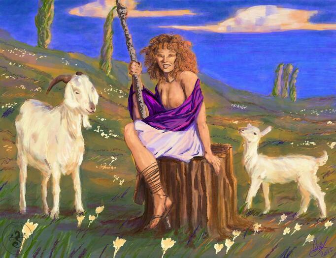 Parmesanitas sits on a log in a field with sparse tall spindly trees, an adult goat to the left and a baby goat to the right; the field slopes up on the left, and is speckled with many white flowers. the whole scene is bathed in the beginning of the golden