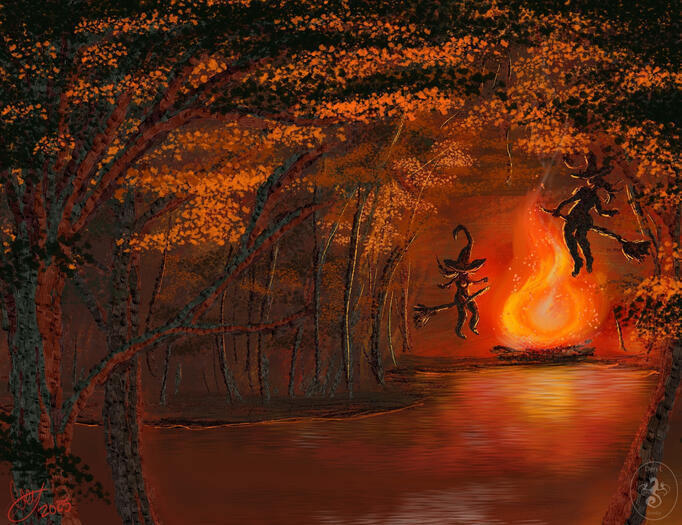 two naked witches in silhouette fly around a huge bonfire that is on the bank of a river in the middle of dense, autumn woods. there is water between the viewer and the witches, and very close trees frame the scene in the forefront.