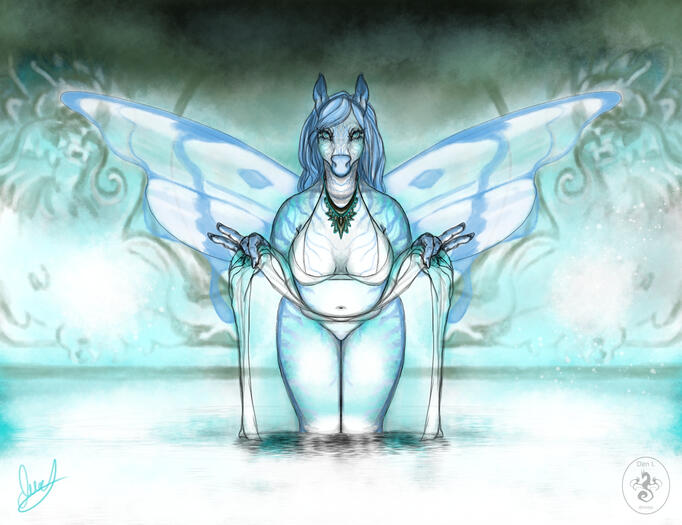 felishia stands in a glowing pool, an elaborate bas relief on the wall behind her. she is a white and blue equine with butterfly wings, wearing a large elaborate jade necklace, a bikini top, and long sheer skirt. she lifts her skirt up a bit farther than s