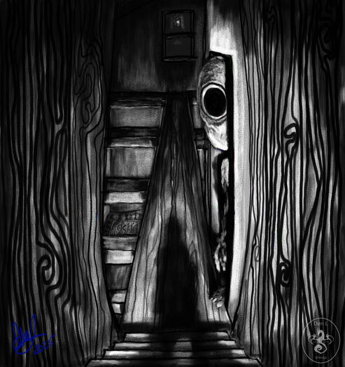 standing at the top of a short flight of stairs you can see your own standing shadow spilling down to a long corridor, except from the base of the stairs it's open space and rafters. it's very dark, except a light shining from behind you. it harshly illumi