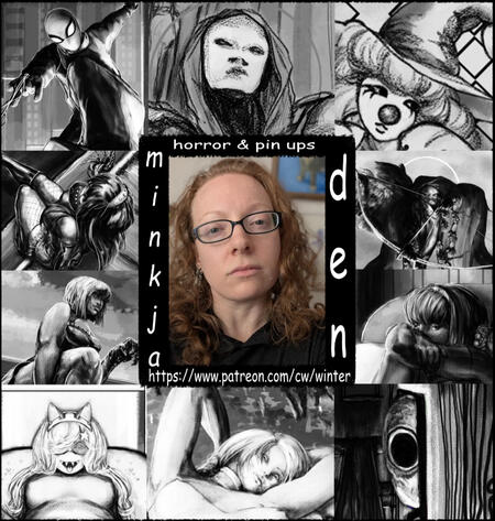 an alt/goth transmasc nonbinary person, surrounded by the amazing black and white illustrations they've drawn! comic sans text around the selfie reads: (along the top): horror & pin ups (down the sides, my names i go by): minkja / den (along the bottom):