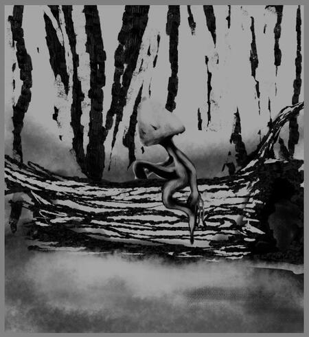 wip screenshot; a funny little mushroom person climbing over a log